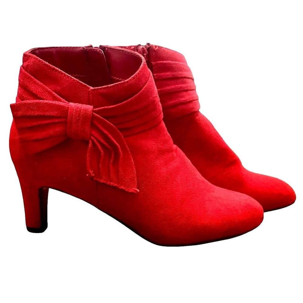 East 5th Nette Red Faux Suede Bow Ankle Boots Womens 7M Pointed Toe Kitten Heel
